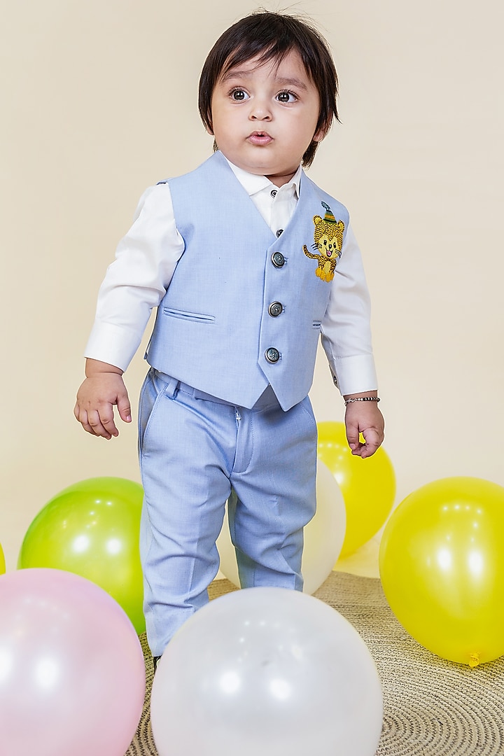 Pastel Blue Embroidered Waistcoat Set For Boys by Little Boys Closet