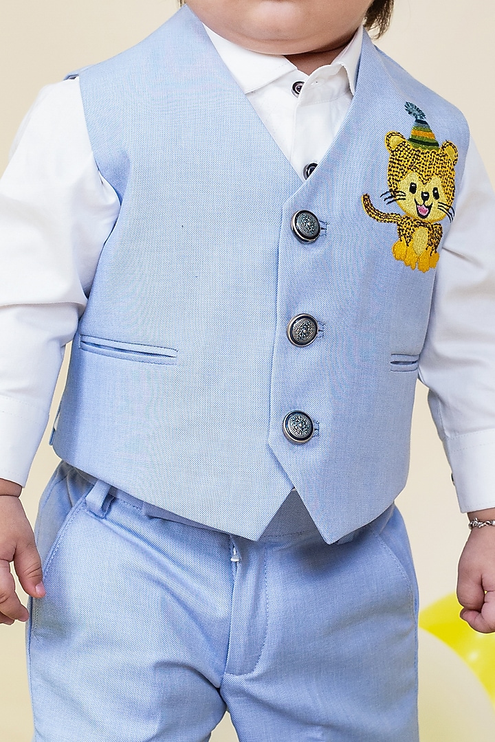 Pastel Blue Embroidered Waistcoat Set For Boys by Little Boys Closet at Pernia's Pop Up Shop