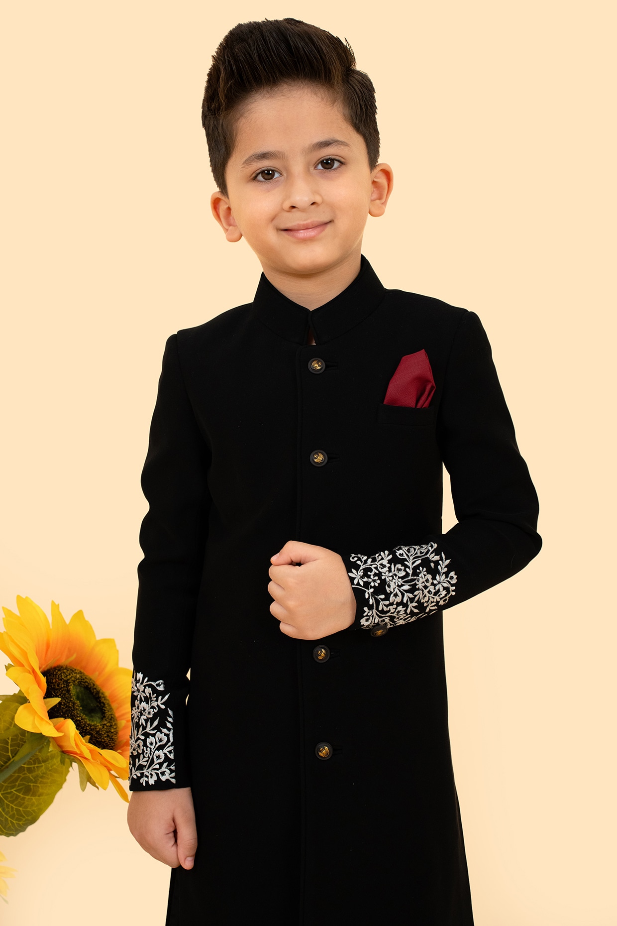 Black Sandwash Thread Embroidered Sherwani Set For Boys by Little Boys Closet at Pernia s Pop Up Shop 2024