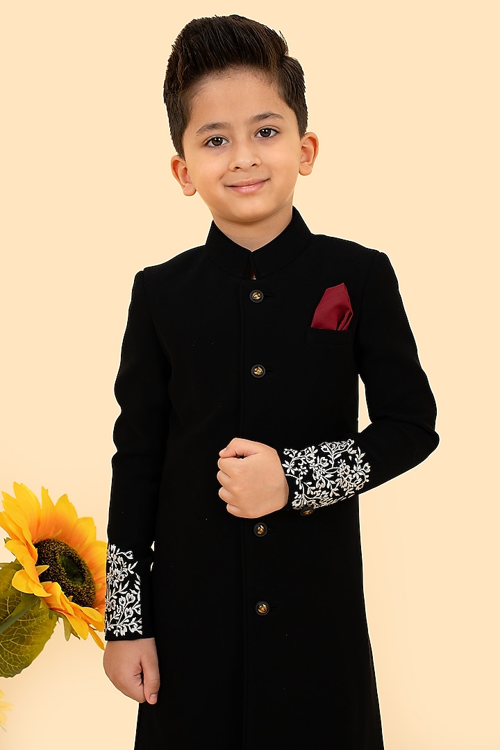 Black Sandwash Thread Embroidered Sherwani Set For Boys by Little Boys Closet at Pernia's Pop Up Shop