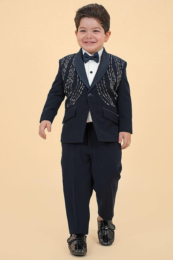 Navy Blue Polyester Cutdana Embroidered Tuxedo Set For Boys by Little Boys Closet