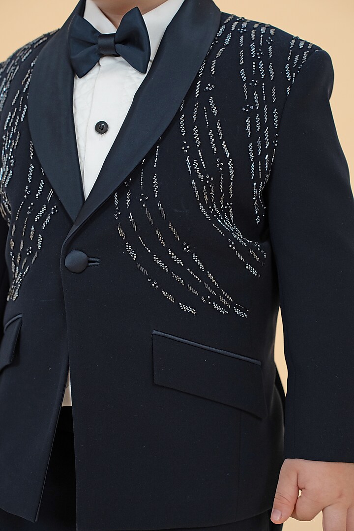 Navy Blue Polyester Cutdana Embroidered Tuxedo Set For Boys by Little Boys Closet at Pernia's Pop Up Shop