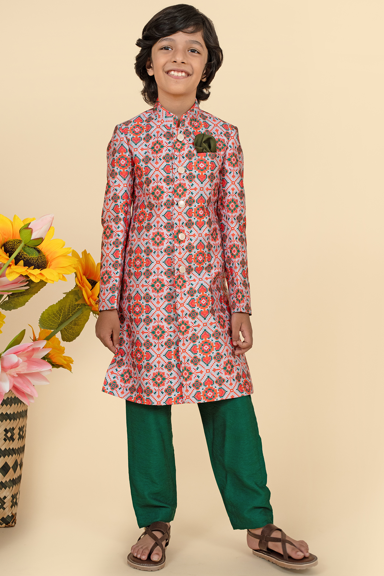 Orange & Green Silk Printed Sherwani Set For Boys by Little Boys Closet