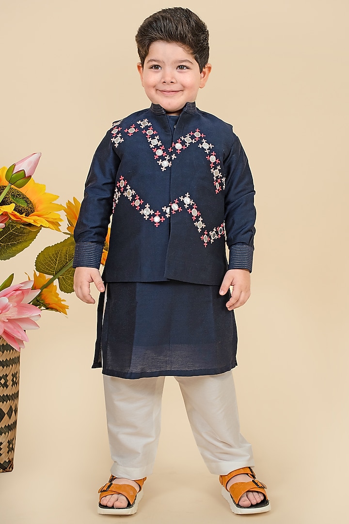 Navy Blue Silk & Cotton Silk Thread Embroidered Jacket Set For Boys by Little Boys Closet at Pernia's Pop Up Shop