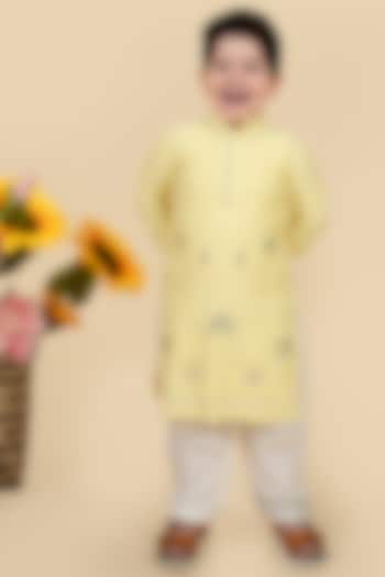 Light Yellow Cotton Silk Floral Embroidered Kurta Set For Boys by Little Boys Closet