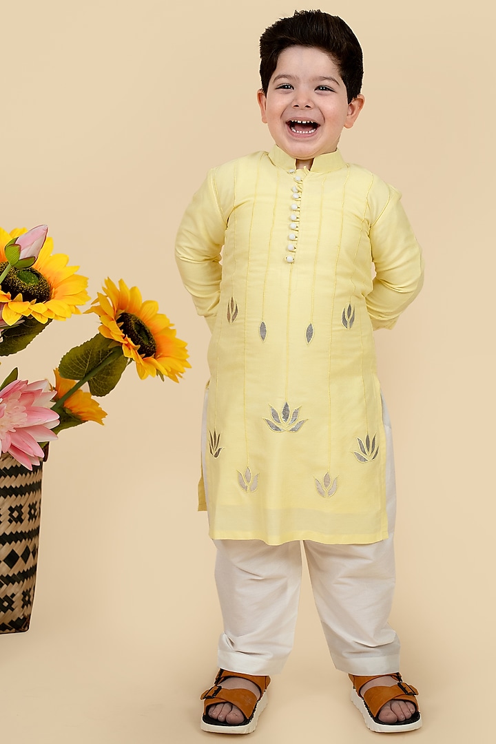 Light Yellow Cotton Silk Floral Embroidered Kurta Set For Boys by Little Boys Closet