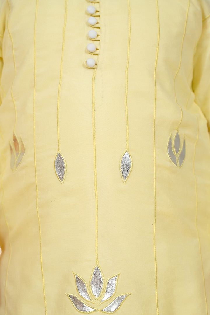 Light Yellow Cotton Silk Floral Embroidered Kurta Set For Boys by Little Boys Closet at Pernia's Pop Up Shop