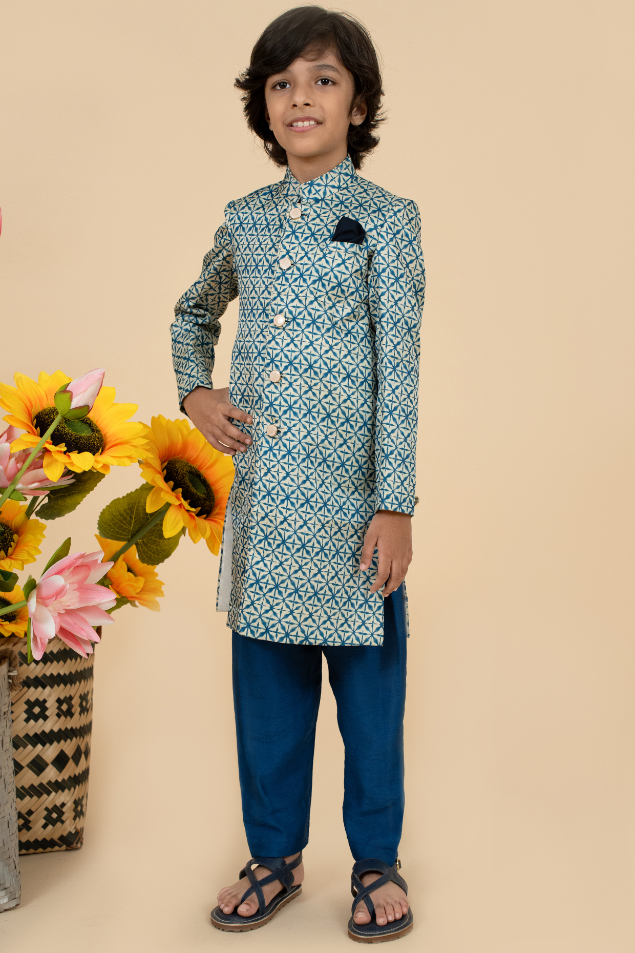 Blue Silk Printed Sherwani Set For Boys by Little Boys Closet