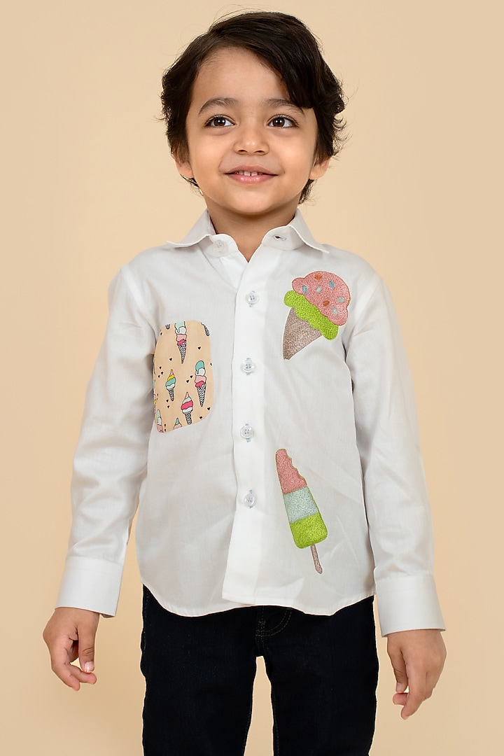 White Cotton Satin Printed & Thread Embroidered Shirt For Boys by Little Boys Closet