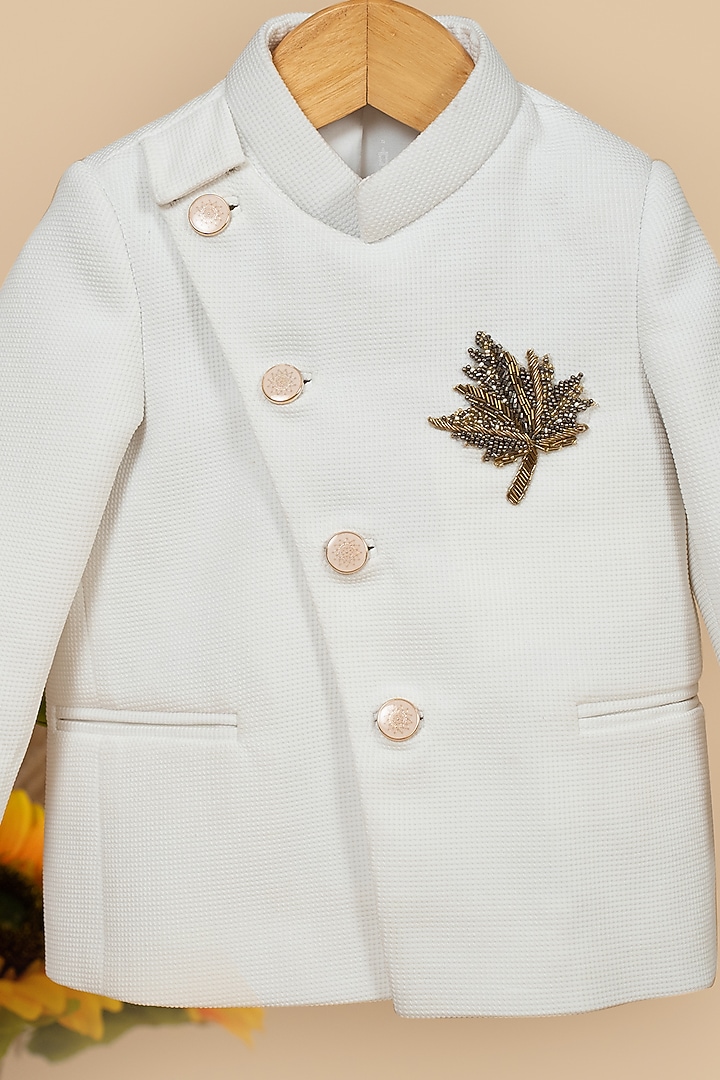 White Texture Zardosi Embroidered Angrakha Bandhgala Set For Boys by Little Boys Closet at Pernia's Pop Up Shop