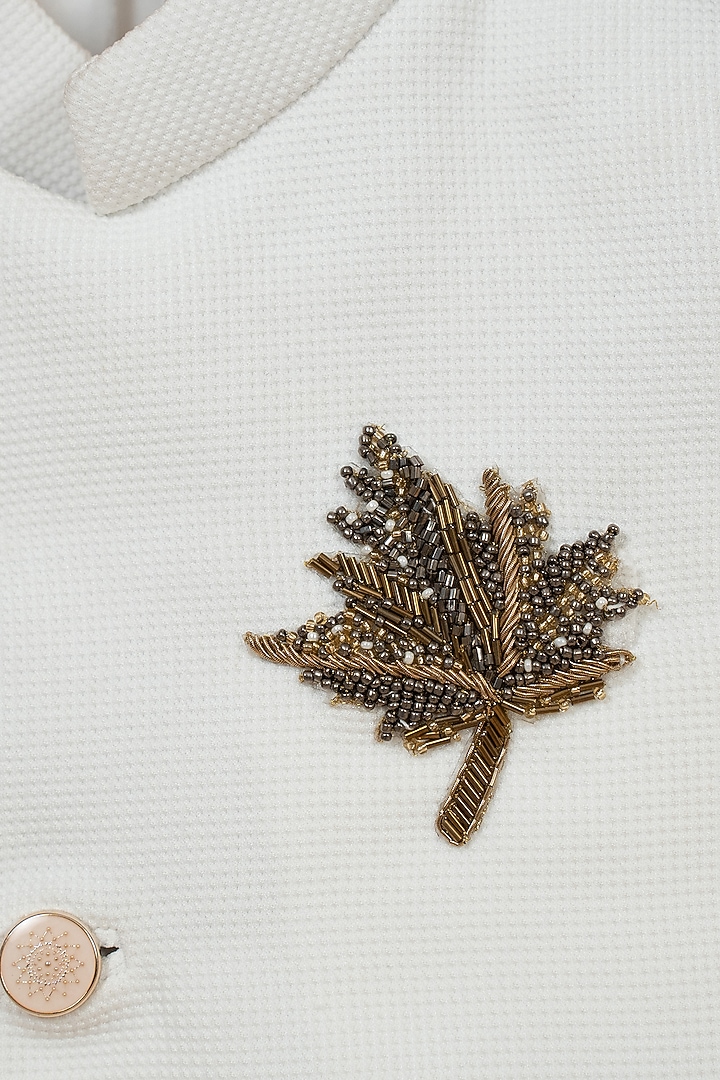 White Texture Zardosi Embroidered Angrakha Bandhgala Set For Boys by Little Boys Closet at Pernia's Pop Up Shop