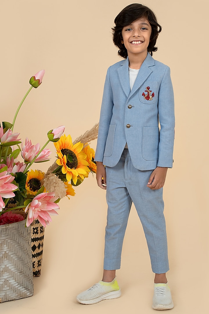 Sky Blue Suiting Thread Embroidered Blazer Set by Little Boys Closet