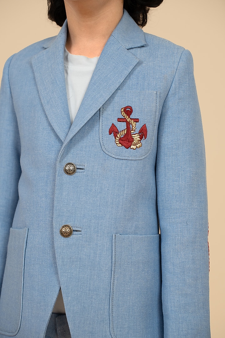 Sky Blue Suiting Thread Embroidered Blazer Set by Little Boys Closet at Pernia's Pop Up Shop