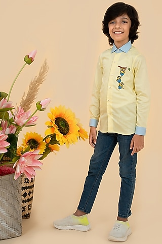 Yellow Cotton Satin Resham Embroidered Shirt For Boys by Little Boys Closet