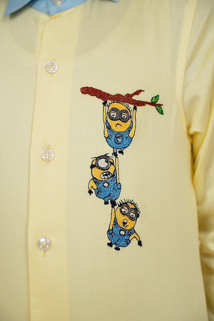 Yellow Cotton Satin Resham Embroidered Shirt For Boys by Little Boys Closet at Pernia's Pop Up Shop