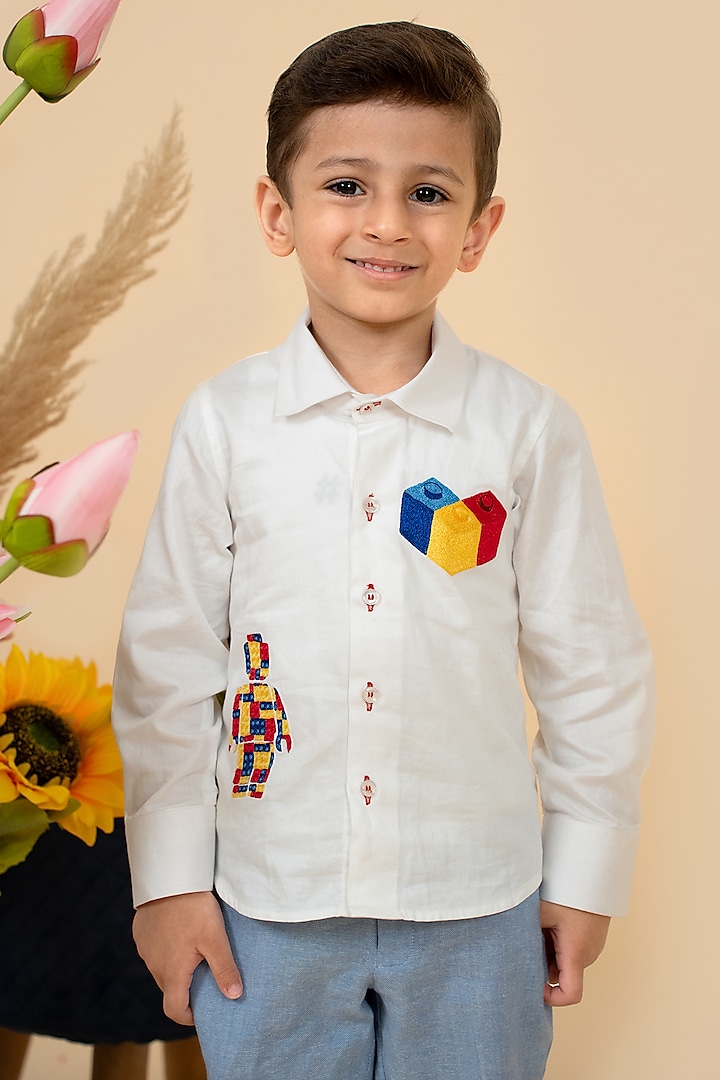 White Cotton Satin Lego Motif Embroidered Shirt For Boys by Little Boys Closet