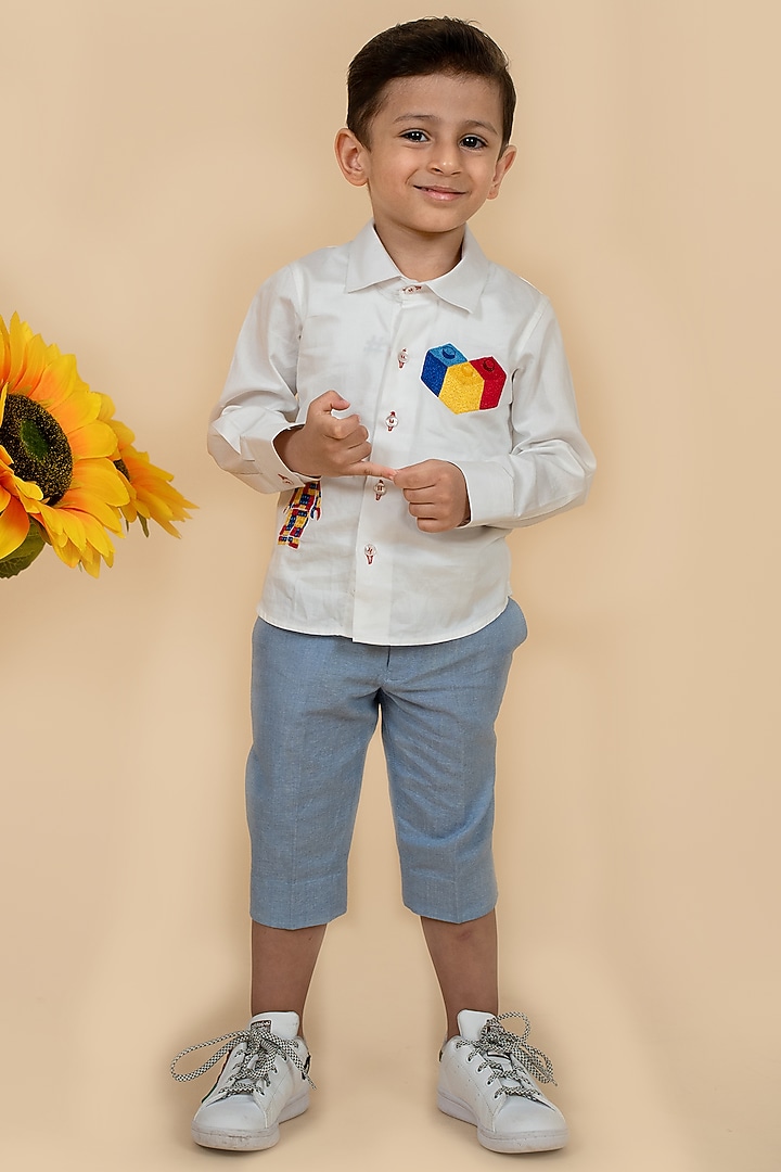 White Cotton Satin Lego Motif Embroidered Shirt For Boys by Little Boys Closet at Pernia's Pop Up Shop