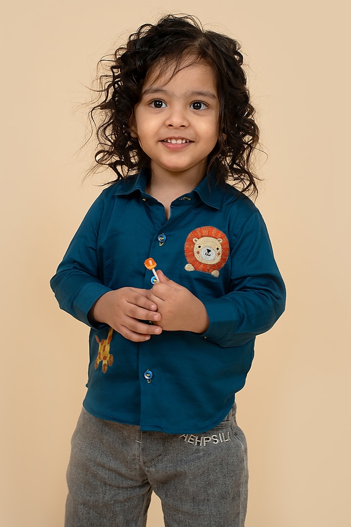 Teal Green Cotton Satin Thread Embroidered Shirt For Boys by Little Boys Closet