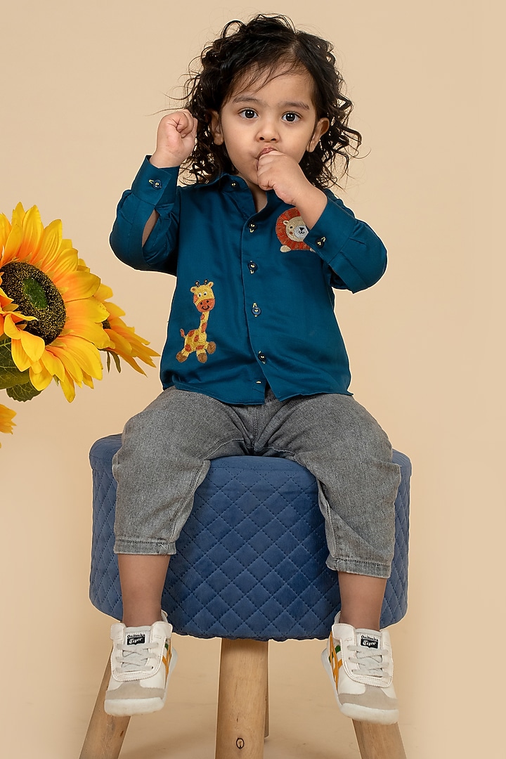 Teal Green Cotton Satin Thread Embroidered Shirt For Boys by Little Boys Closet at Pernia's Pop Up Shop
