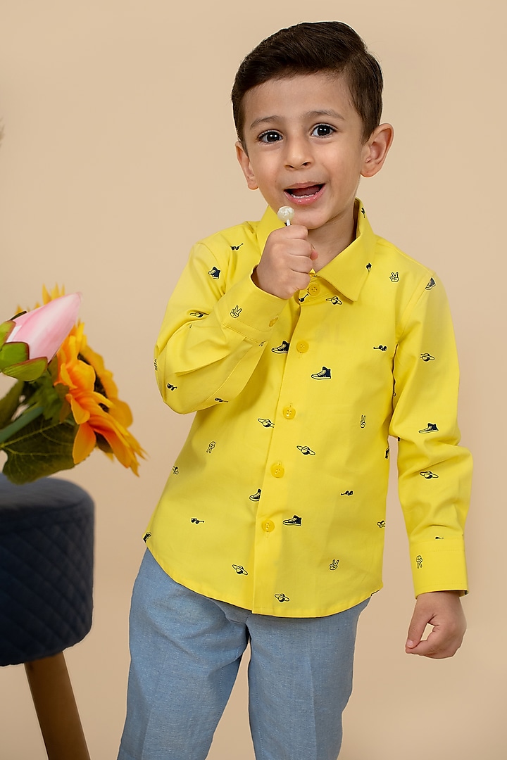 Yellow Cotton Satin Sneaker Printed Color Block Shirt For Boys by Little Boys Closet