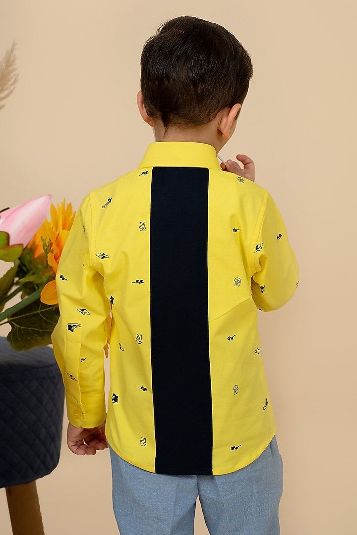 Yellow Cotton Satin Sneaker Printed Color Block Shirt For Boys by Little Boys Closet at Pernia's Pop Up Shop