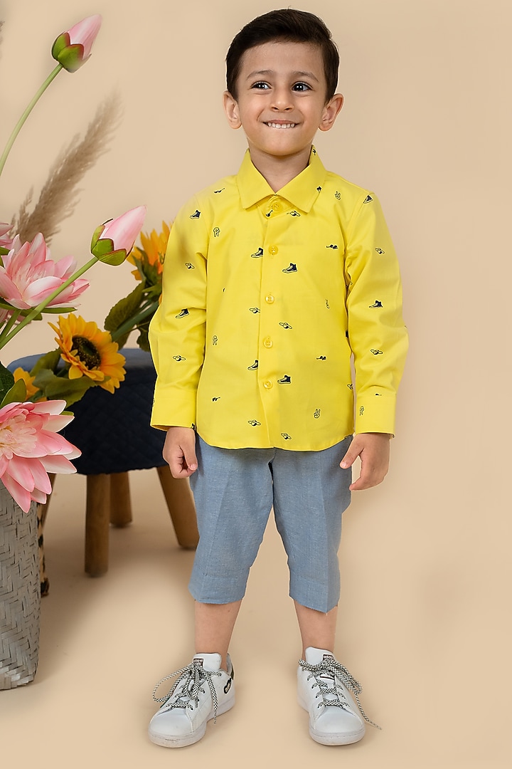 Yellow Cotton Satin Sneaker Printed Color Block Shirt For Boys by Little Boys Closet at Pernia's Pop Up Shop
