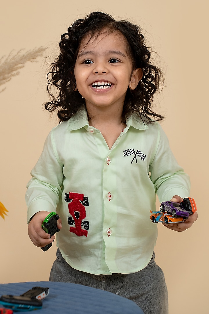 Lime Green Cotton Satin Embroidered Shirt For Boys by Little Boys Closet