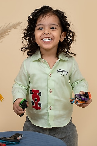 Lime Green Cotton Satin Embroidered Shirt For Boys by Little Boys Closet