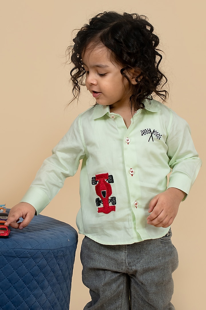 Lime Green Cotton Satin Embroidered Shirt For Boys by Little Boys Closet at Pernia's Pop Up Shop