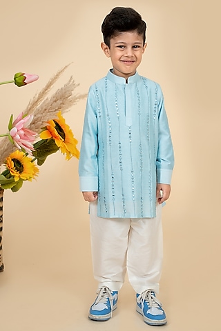 Sky Blue Cotton Silk Mirror Work Kurta Set For Boys by Little Boys Closet