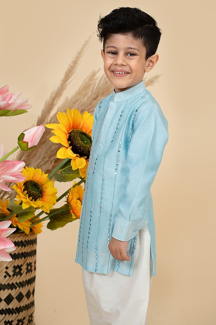 Sky Blue Cotton Silk Mirror Work Kurta Set For Boys by Little Boys Closet at Pernia's Pop Up Shop