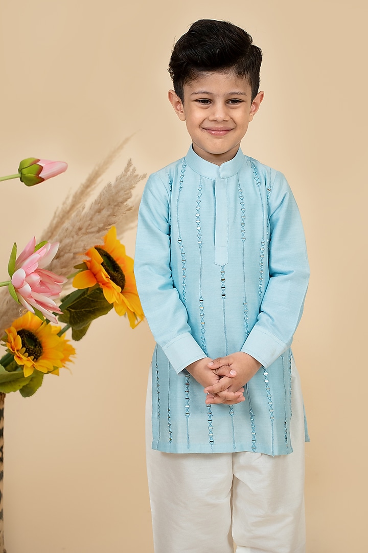 Sky Blue Cotton Silk Mirror Work Kurta Set For Boys by Little Boys Closet at Pernia's Pop Up Shop