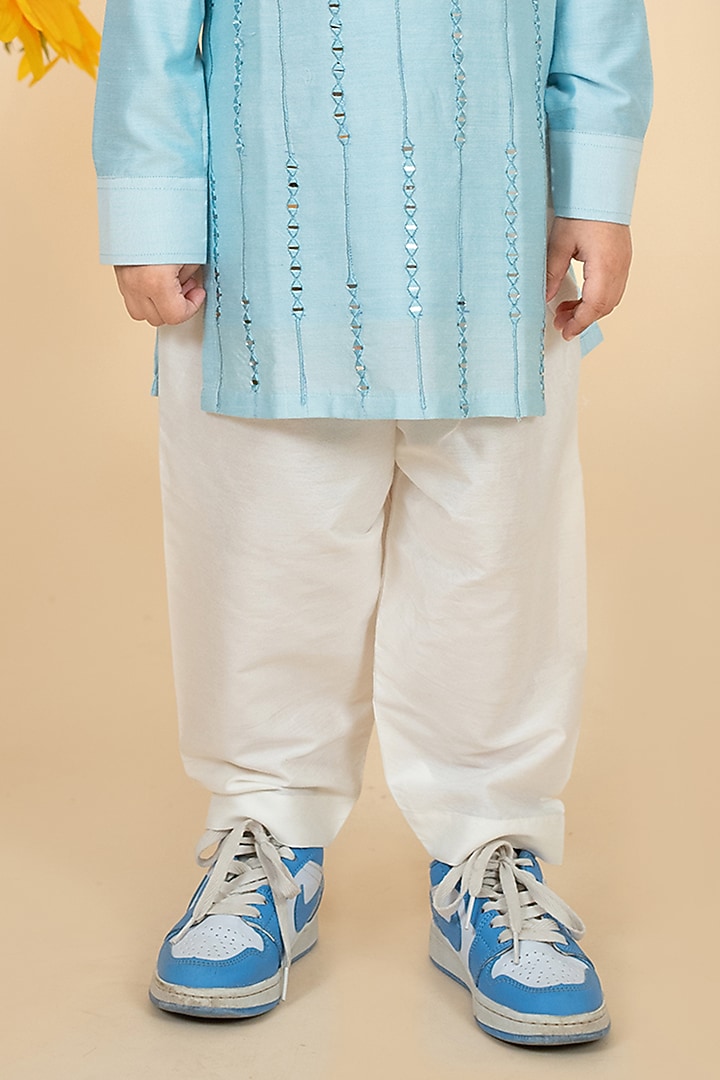 Sky Blue Cotton Silk Mirror Work Kurta Set For Boys by Little Boys Closet at Pernia's Pop Up Shop