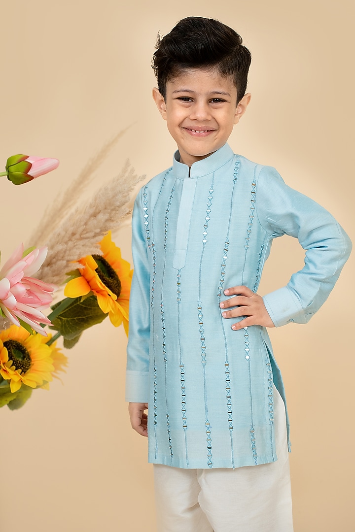 Sky Blue Cotton Silk Mirror Work Kurta Set For Boys by Little Boys Closet at Pernia's Pop Up Shop