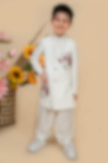 Off-White Cotton Silk Hand & Machine Embroidered Lotus Sherwani Set For Boys by Little Boys Closet