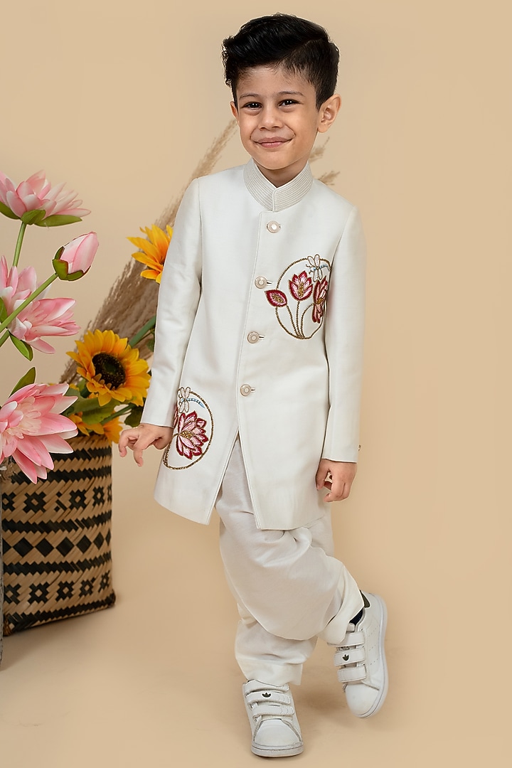 Off-White Cotton Silk Hand & Machine Embroidered Lotus Sherwani Set For Boys by Little Boys Closet at Pernia's Pop Up Shop