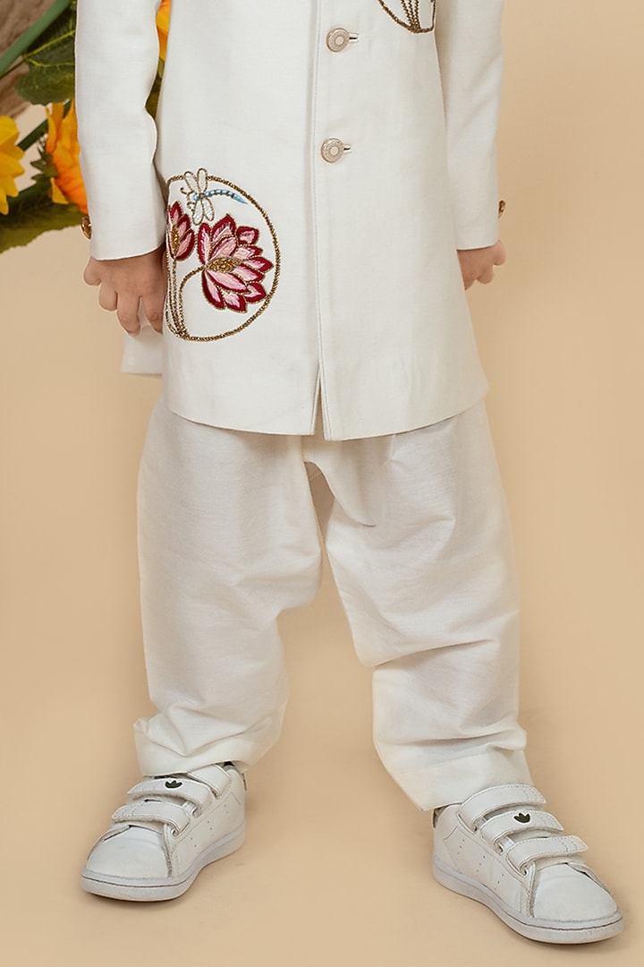 Off-White Cotton Silk Hand & Machine Embroidered Lotus Sherwani Set For Boys by Little Boys Closet at Pernia's Pop Up Shop
