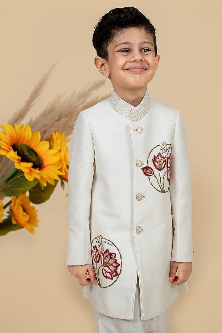 Off-White Cotton Silk Hand & Machine Embroidered Lotus Sherwani Set For Boys by Little Boys Closet at Pernia's Pop Up Shop