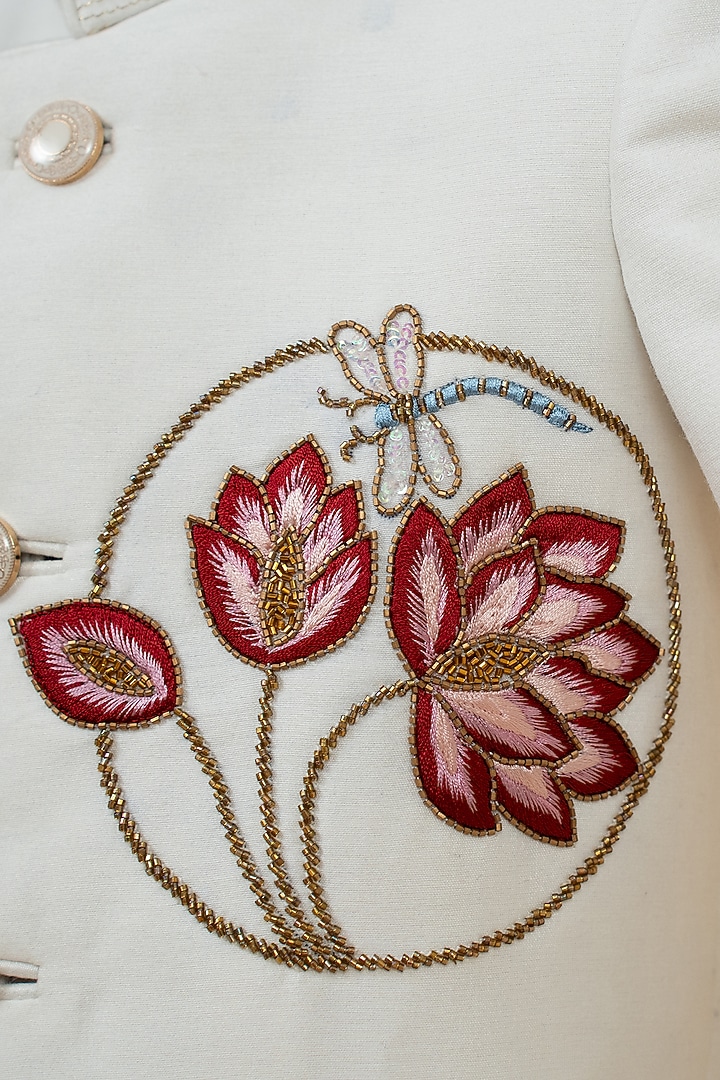 Off-White Cotton Silk Hand & Machine Embroidered Lotus Sherwani Set For Boys by Little Boys Closet at Pernia's Pop Up Shop