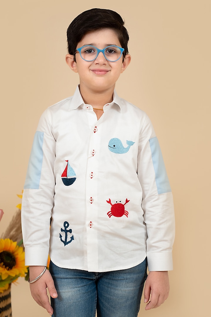 White & Sky Blue Cotton Satin Motifs Embroidered Shirt For Boys by Little Boys Closet