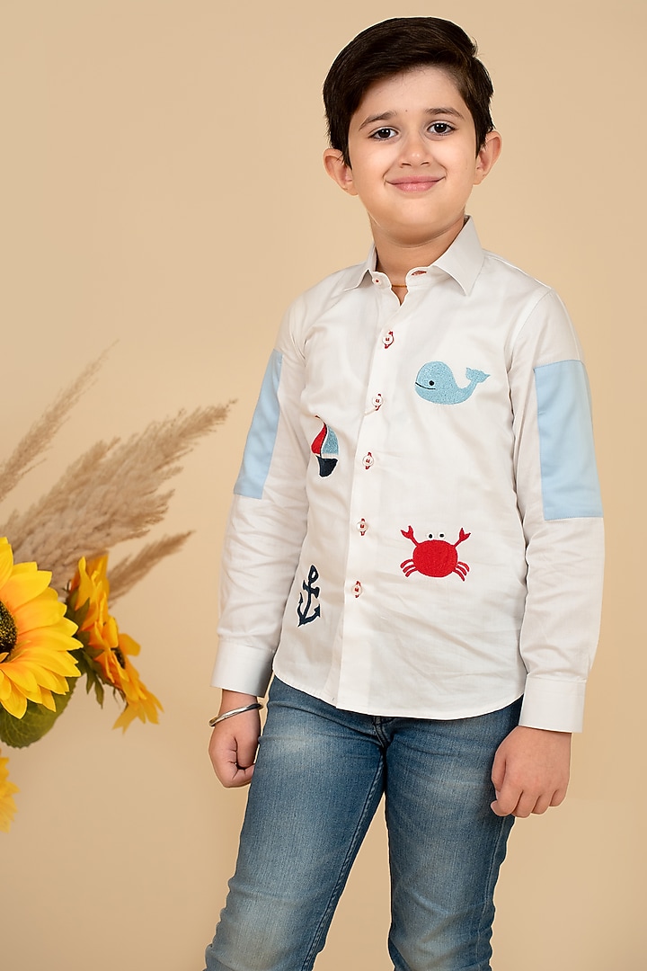 White & Sky Blue Cotton Satin Motifs Embroidered Shirt For Boys by Little Boys Closet at Pernia's Pop Up Shop
