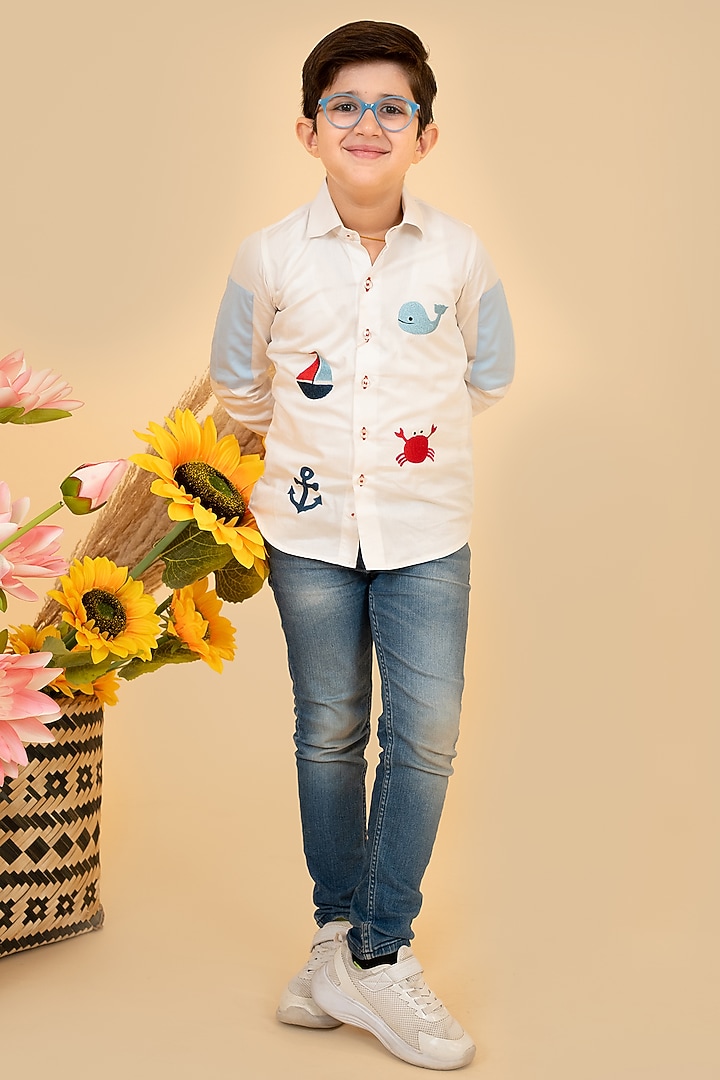 White & Sky Blue Cotton Satin Motifs Embroidered Shirt For Boys by Little Boys Closet at Pernia's Pop Up Shop