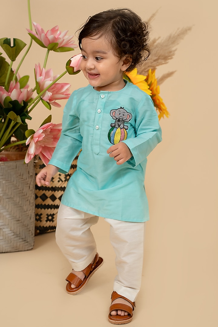Mint Green Cotton Silk Motifs Embroidered Kurta Set For Boys by Little Boys Closet at Pernia's Pop Up Shop