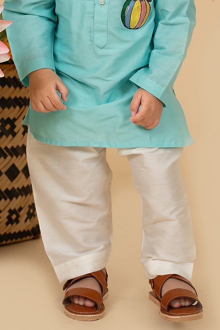 Mint Green Cotton Silk Motifs Embroidered Kurta Set For Boys by Little Boys Closet at Pernia's Pop Up Shop