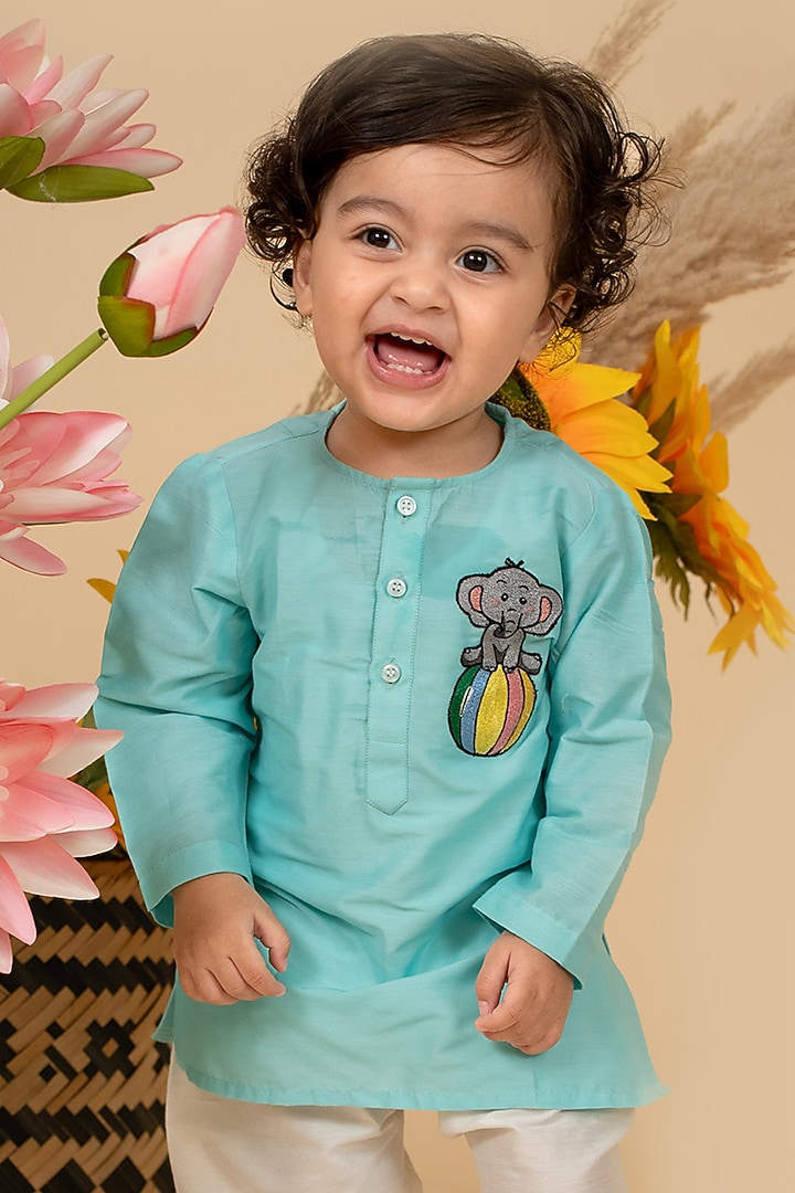 Mint Green Cotton Silk Motifs Embroidered Kurta Set For Boys by Little Boys Closet at Pernia's Pop Up Shop