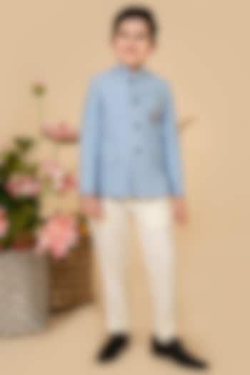 Sky Blue Suiting Floral Embroidered Bandhgala Set Fors Boys by Little Boys Closet