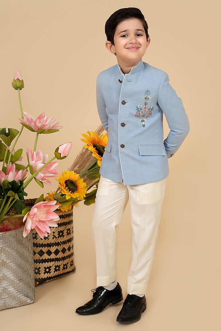 Sky Blue Suiting Floral Embroidered Bandhgala Set Fors Boys by Little Boys Closet at Pernia's Pop Up Shop