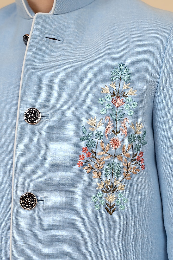 Sky Blue Suiting Floral Embroidered Bandhgala Set Fors Boys by Little Boys Closet at Pernia's Pop Up Shop