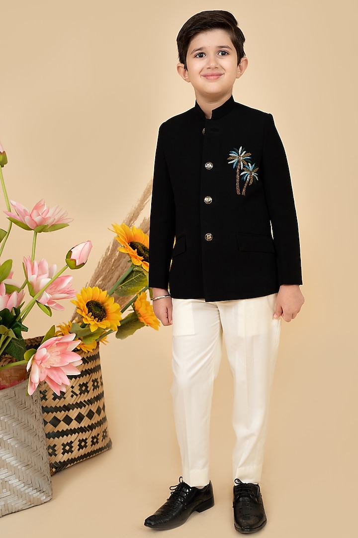 Black Suiting Motifs Embroidered Bandhgala Set For Boys by Little Boys Closet