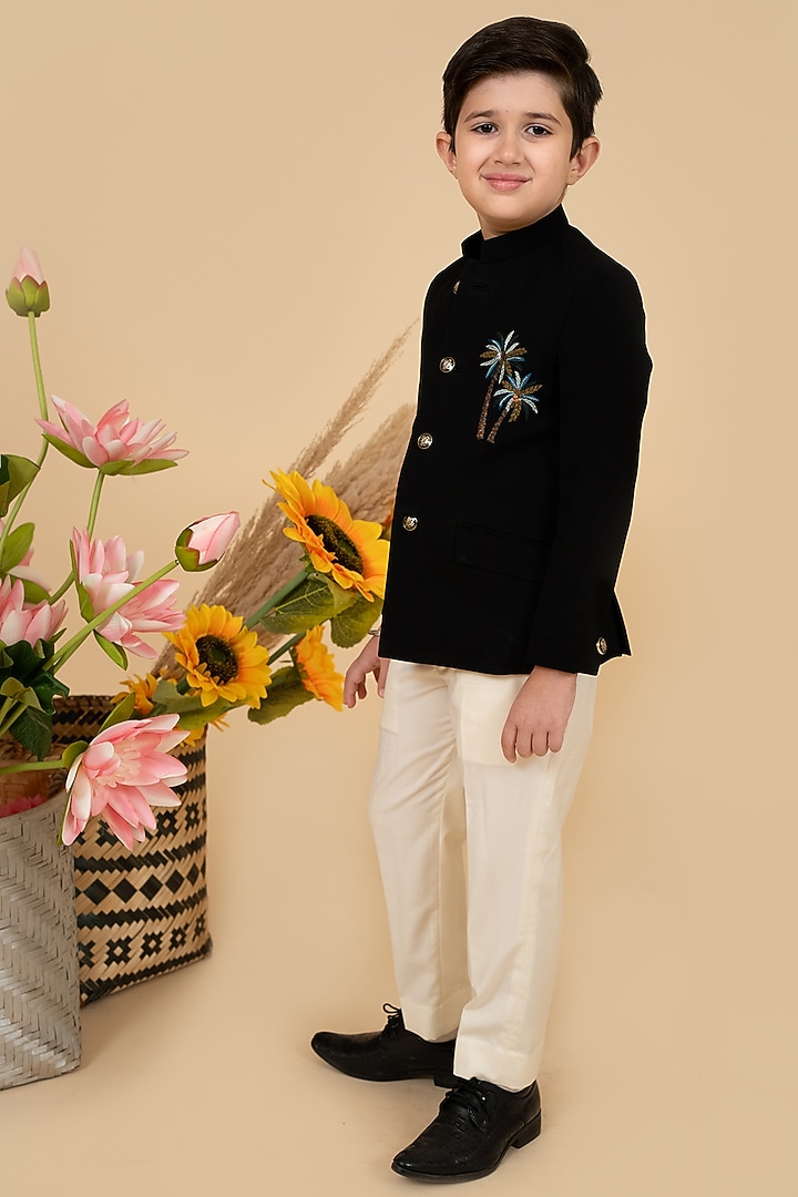 Black Suiting Motifs Embroidered Bandhgala Set For Boys by Little Boys Closet at Pernia's Pop Up Shop
